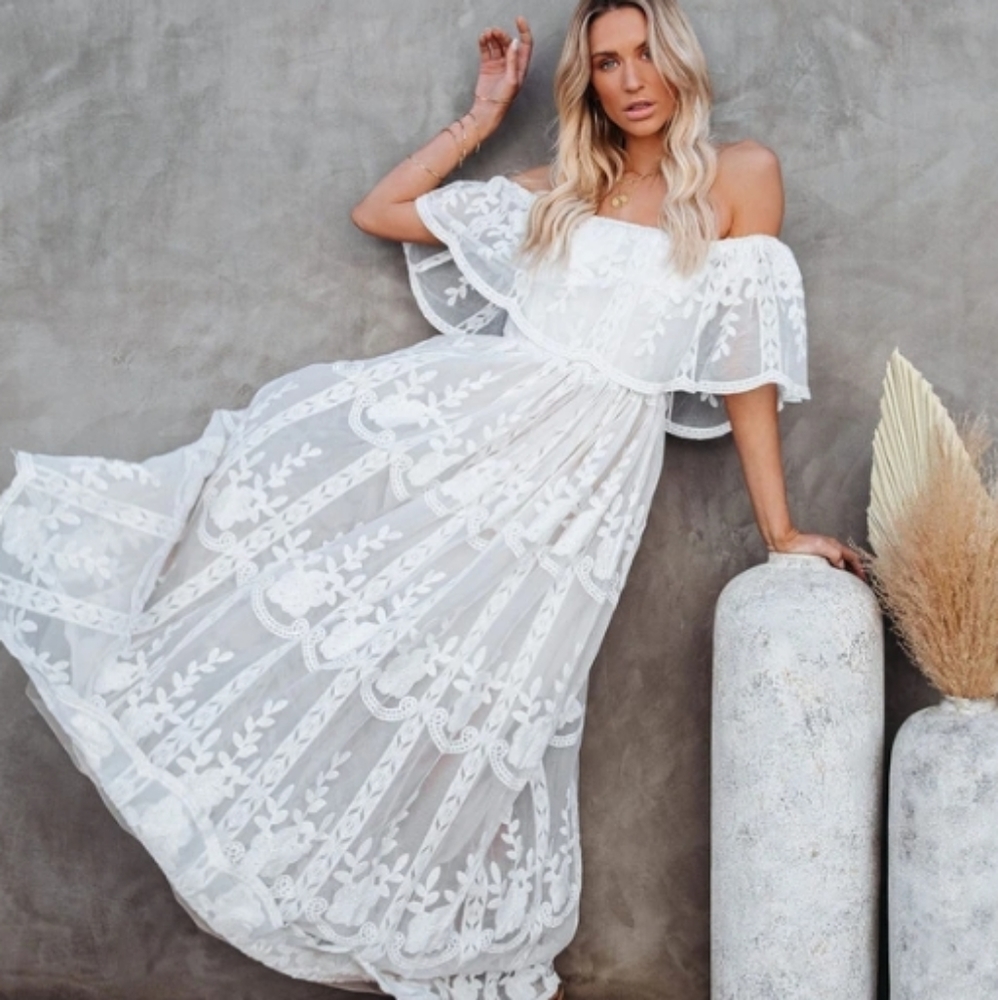 Off shoulder white maxi boho lace summer dress